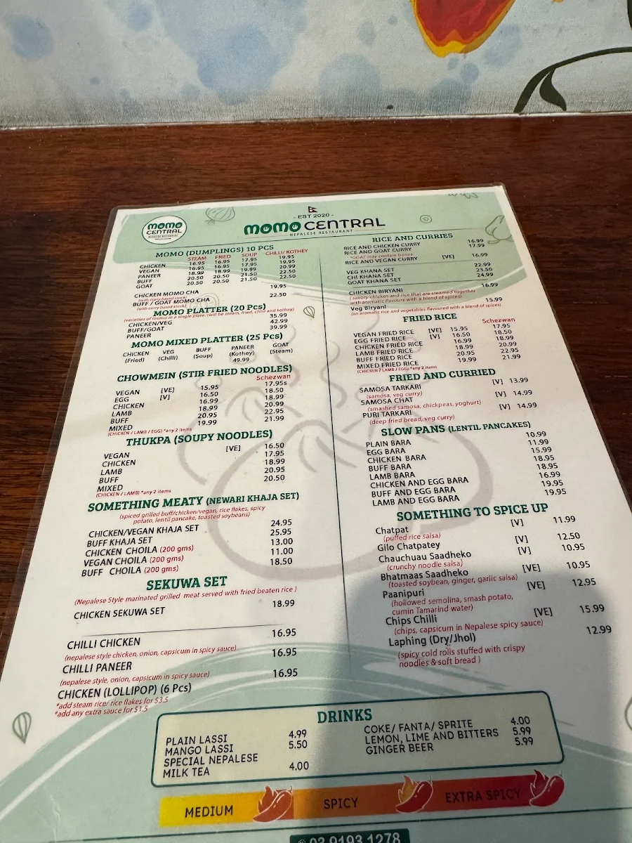 Menu, Momo Central Bourke street