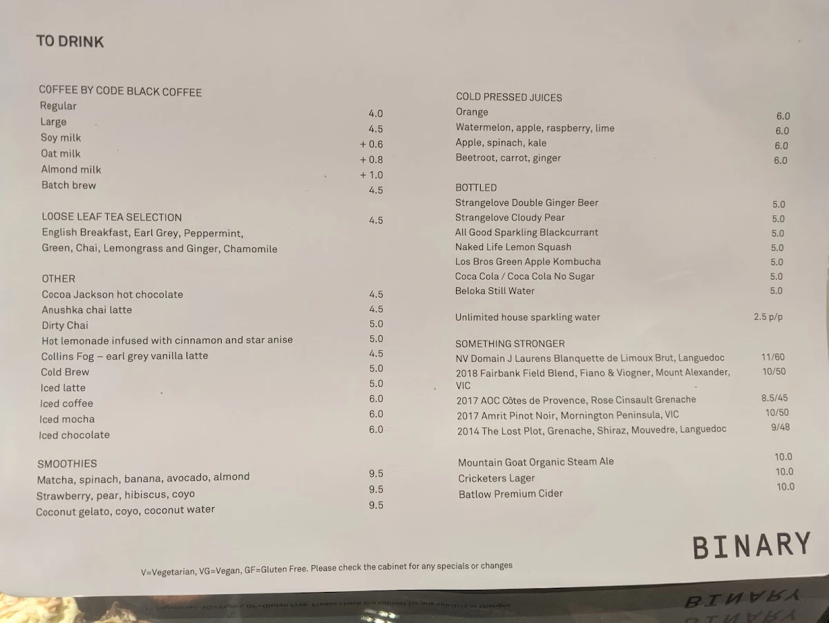 Menu, Binary Cafe