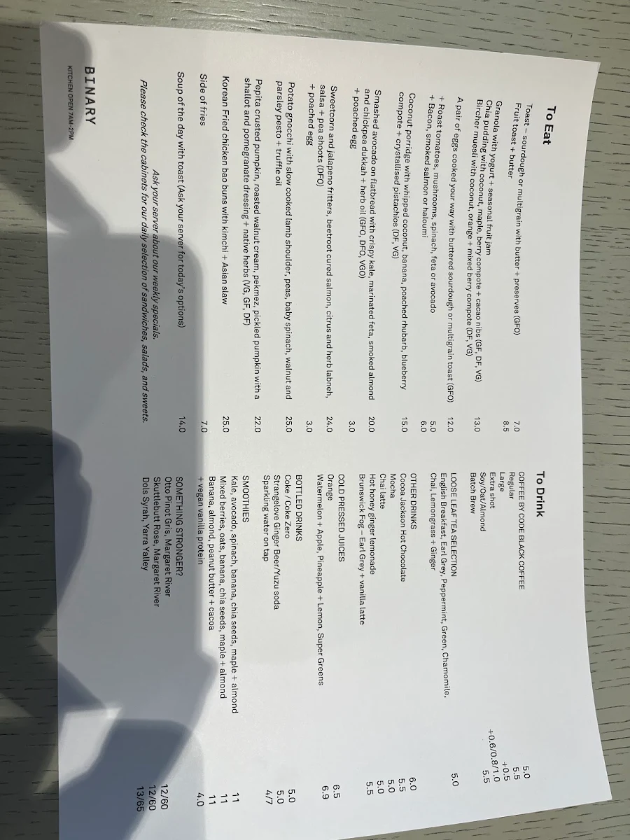 Menu, Binary Cafe