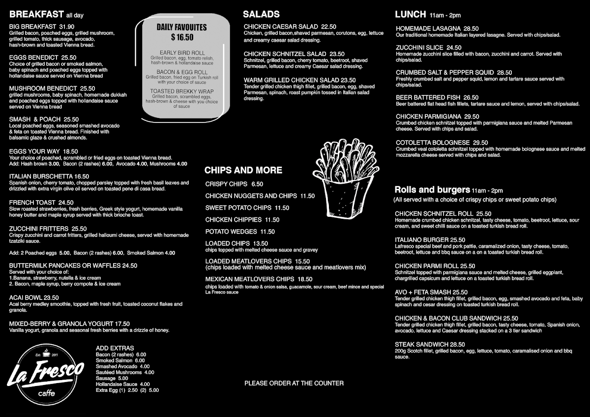 Menu, La Fresco Caffe