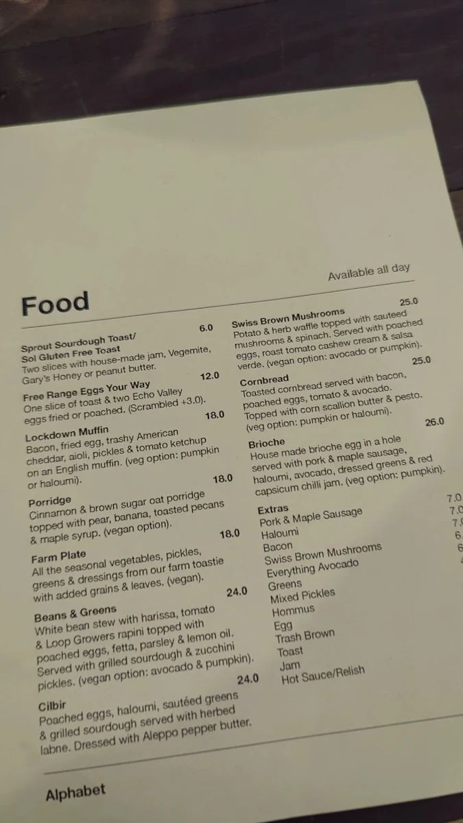 Menu, Alphabet Cafe