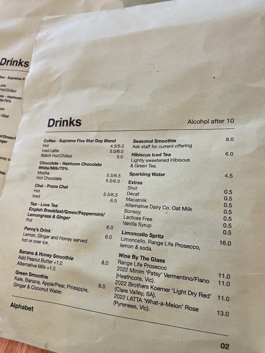 Menu, Alphabet Cafe