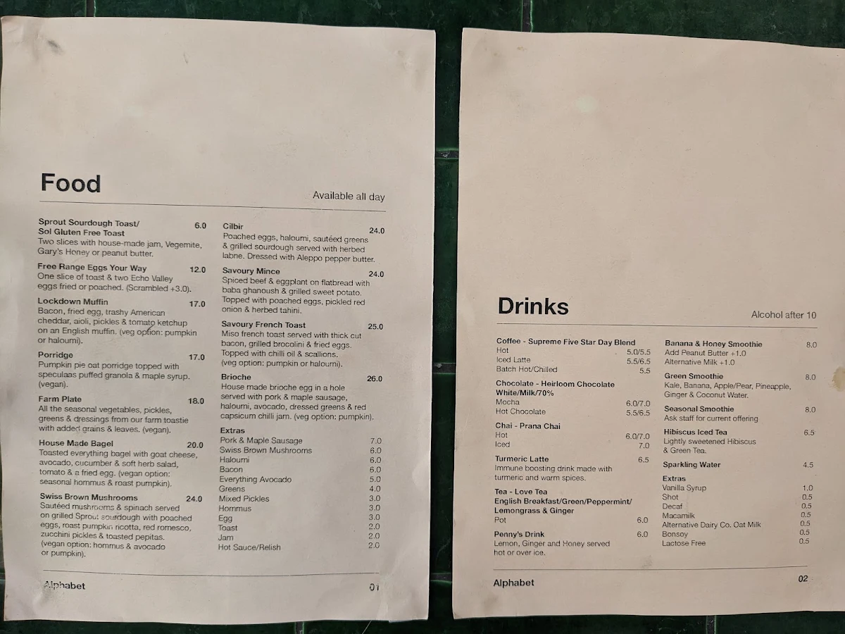 Menu, Alphabet Cafe