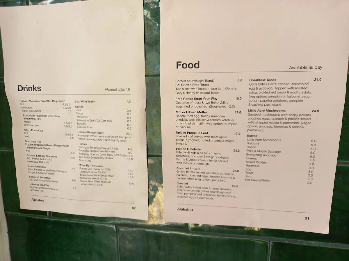 Menu, Alphabet Cafe