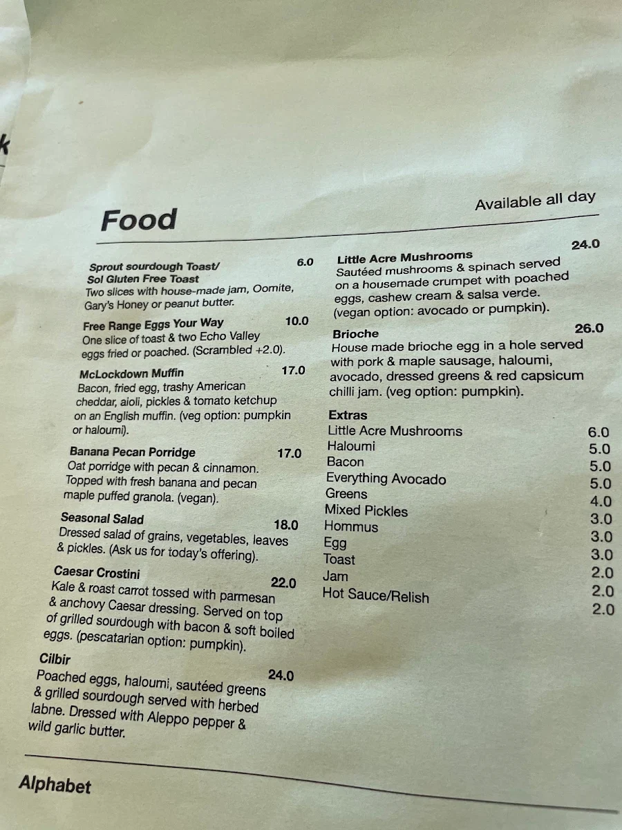 Menu, Alphabet Cafe