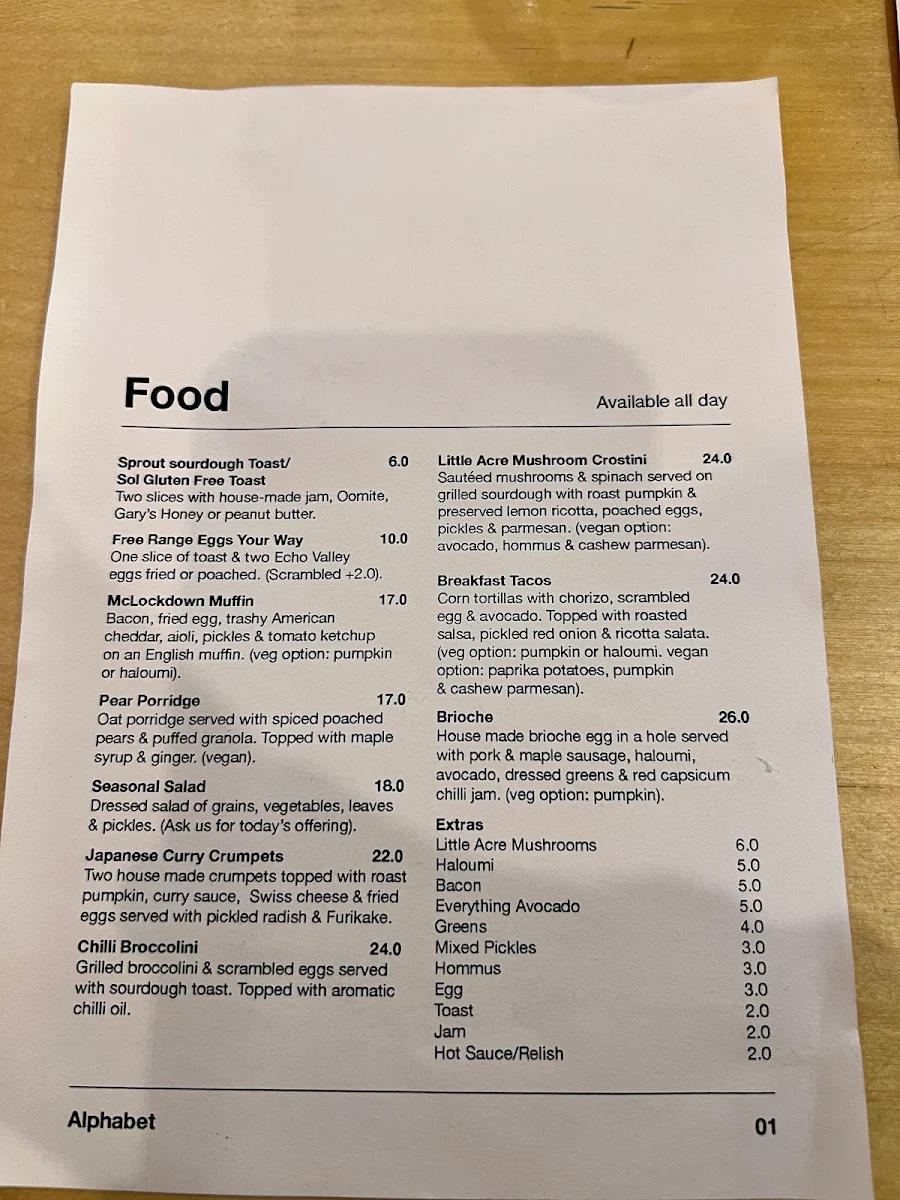 Menu, Alphabet Cafe