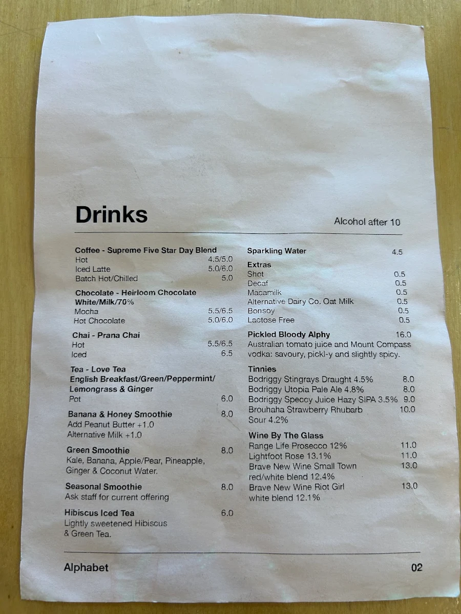 Menu, Alphabet Cafe