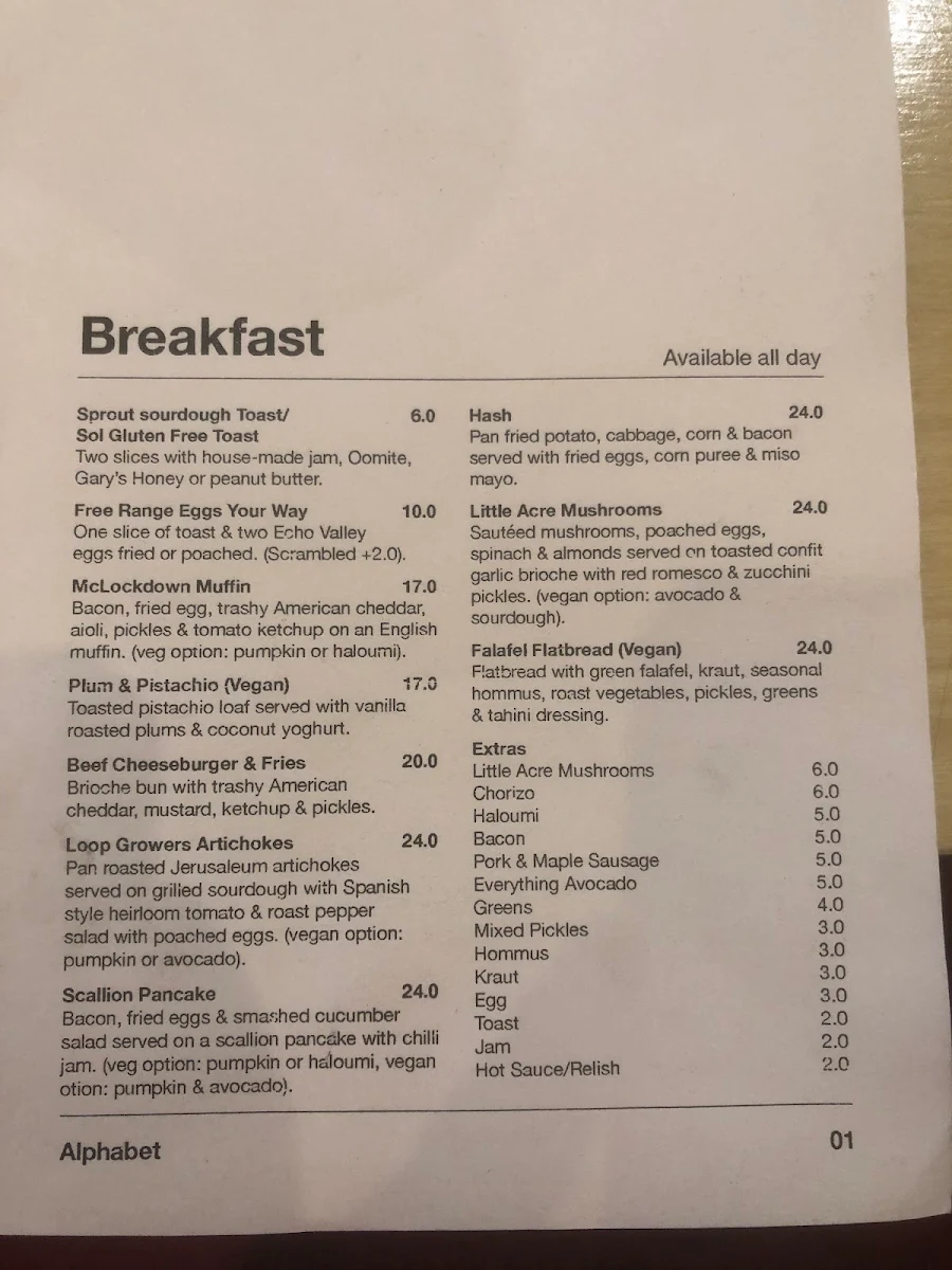 Menu, Alphabet Cafe