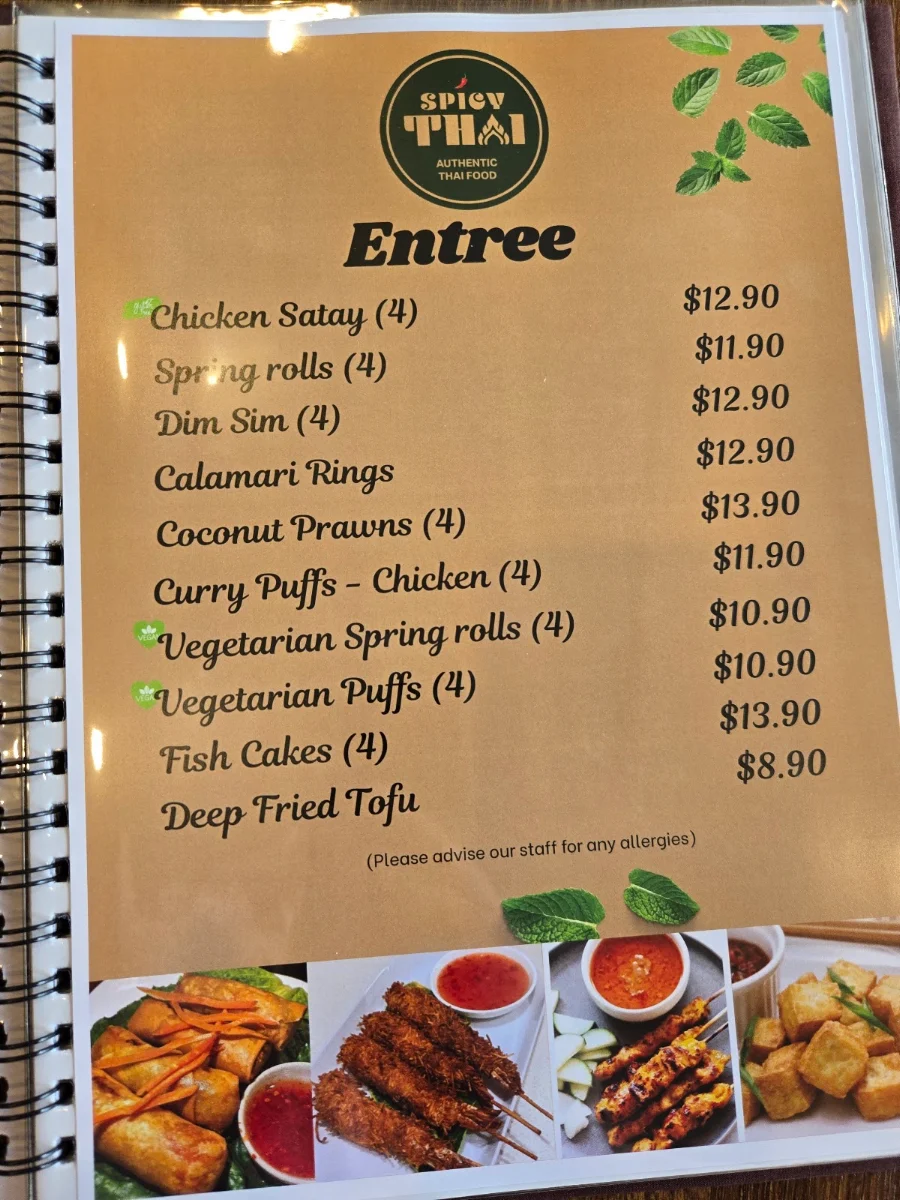 Menu, Spicy Thai Brisbane