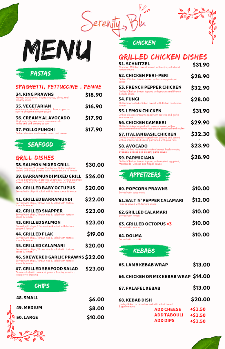 Menu, Serenity Blu Fish & Chips