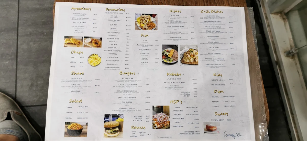 Menu, Serenity Blu Fish & Chips