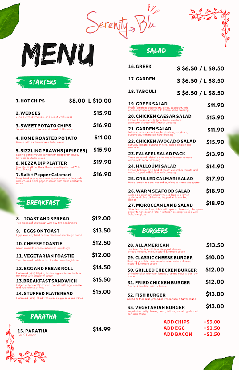 Menu, Serenity Blu Fish & Chips