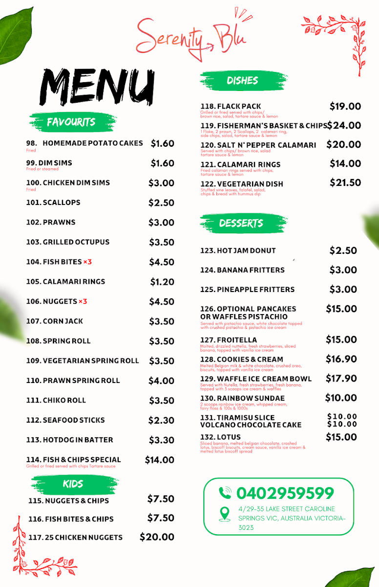 Menu, Serenity Blu Fish & Chips