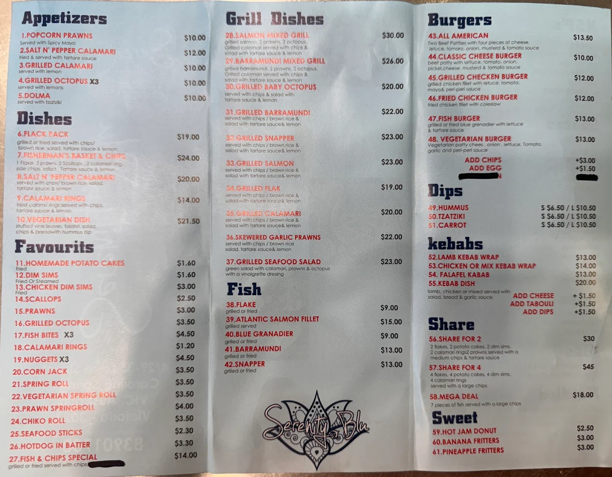 Menu, Serenity Blu Fish & Chips