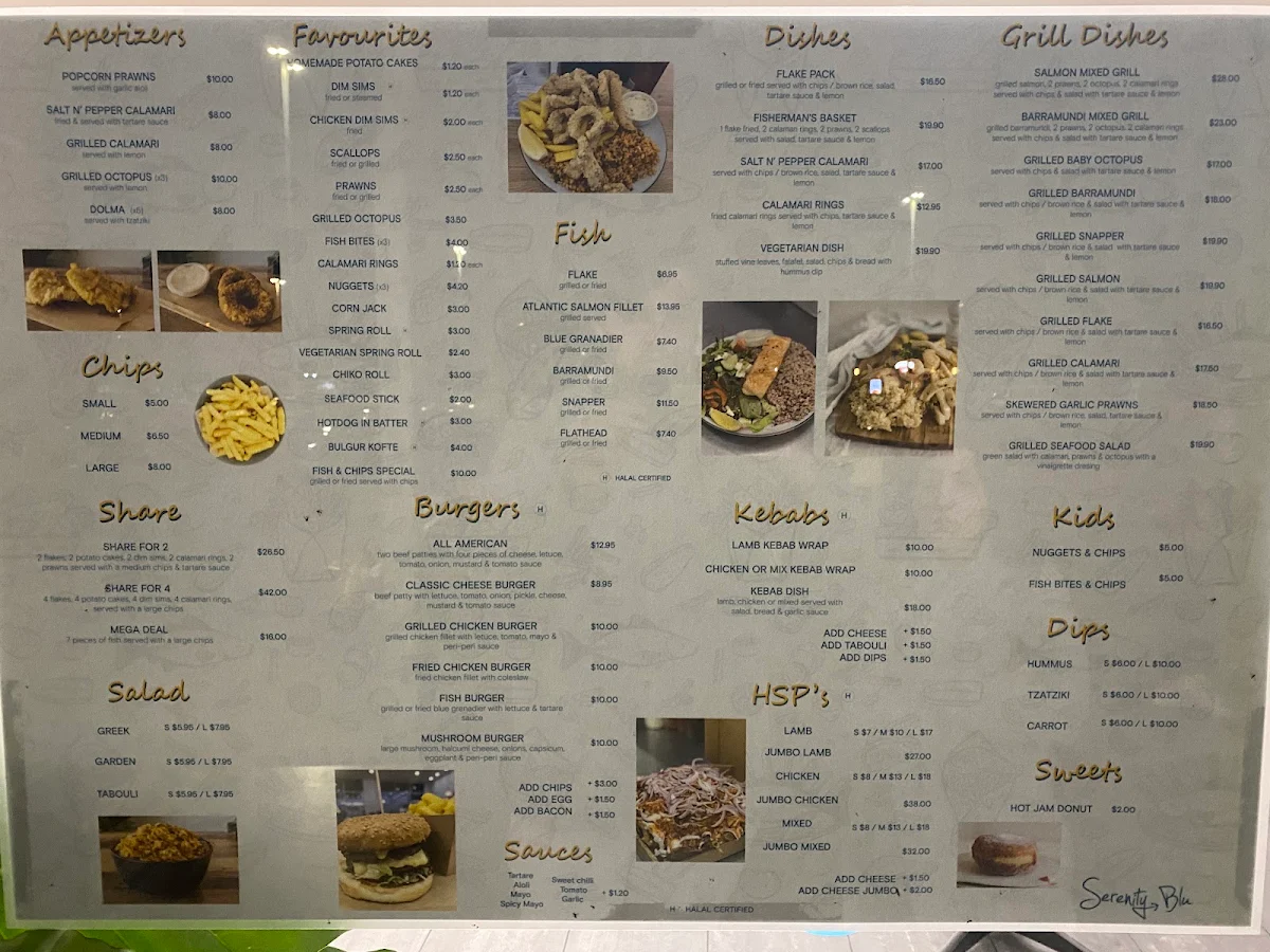 Menu, Serenity Blu Fish & Chips