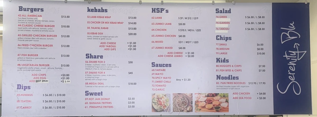Menu, Serenity Blu Fish & Chips