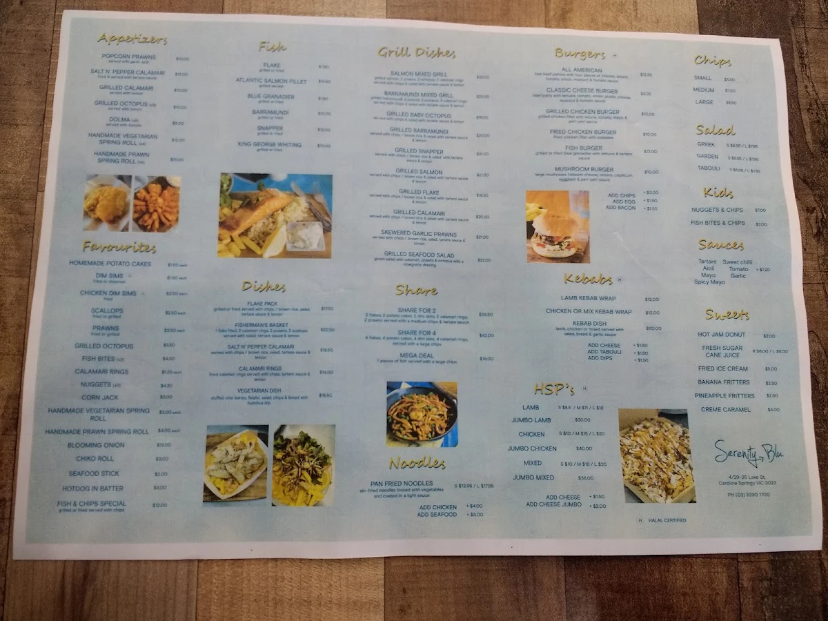 Menu, Serenity Blu Fish & Chips