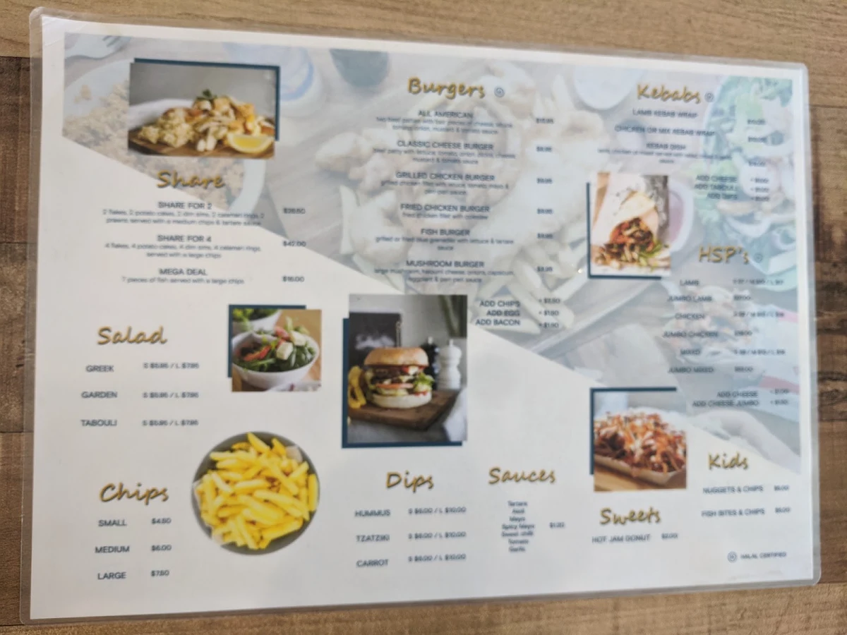 Menu, Serenity Blu Fish & Chips