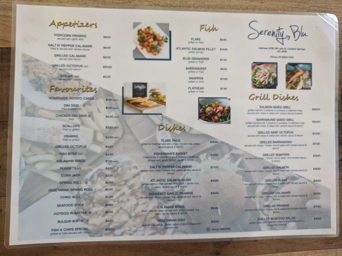 Menu, Serenity Blu Fish & Chips