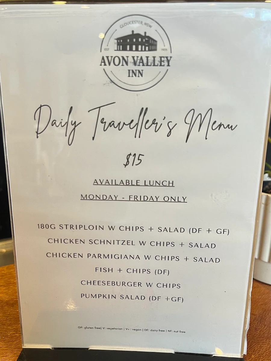 Menu, Avon Valley Inn