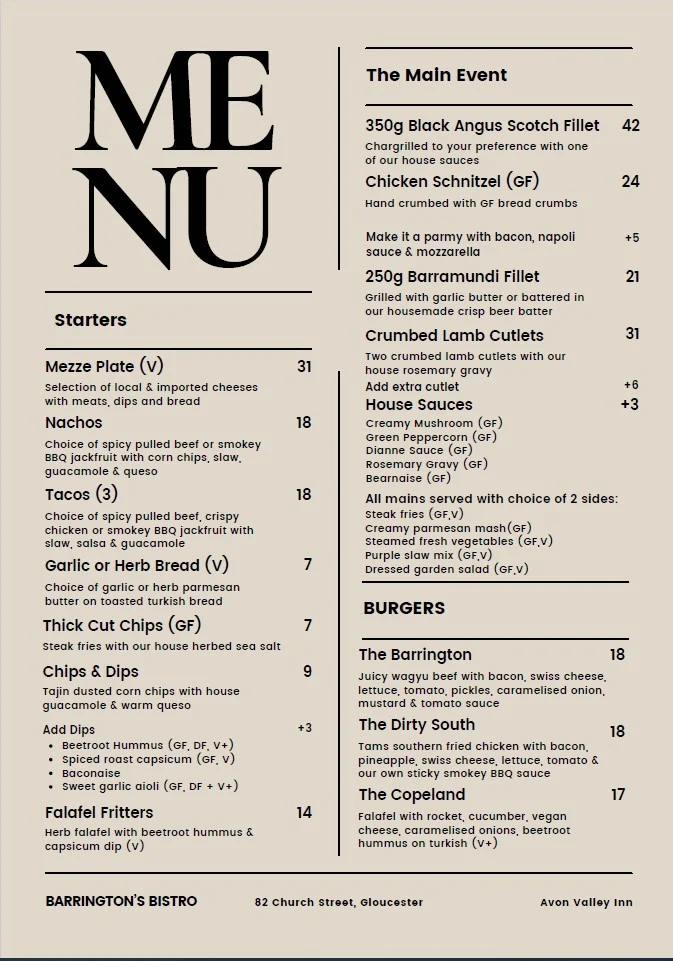 Menu, Avon Valley Inn