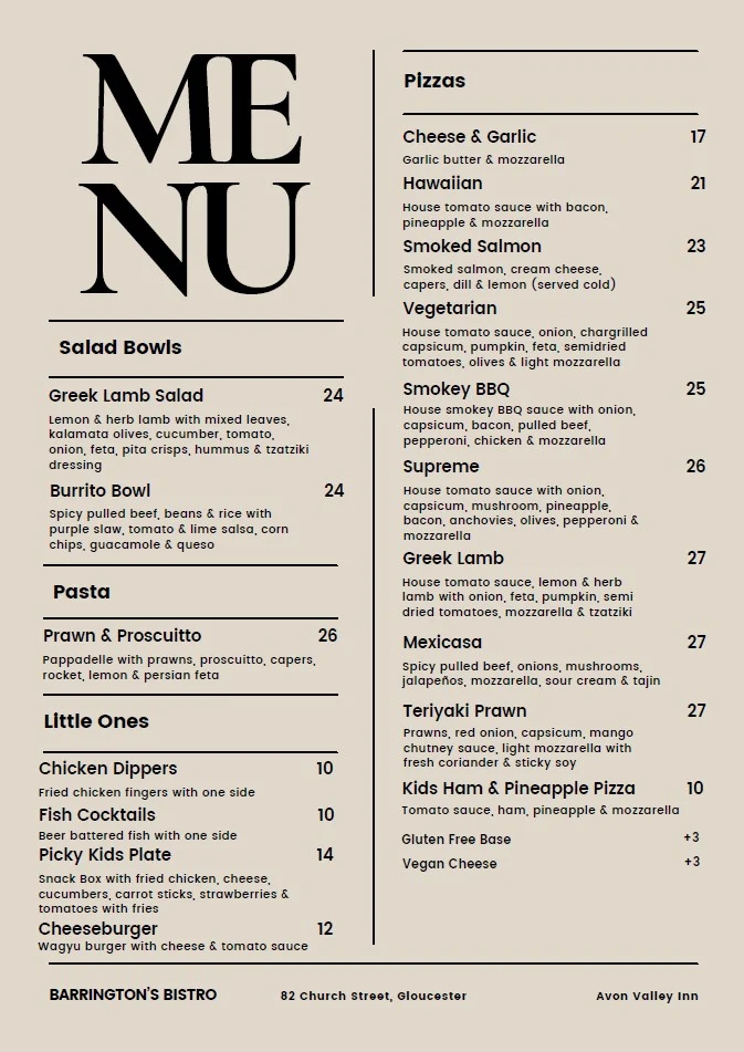 Menu, Avon Valley Inn