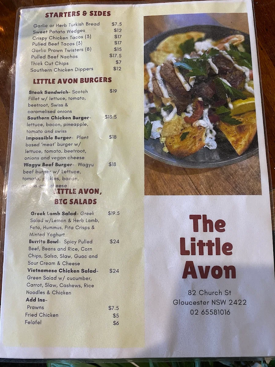 Menu, Avon Valley Inn