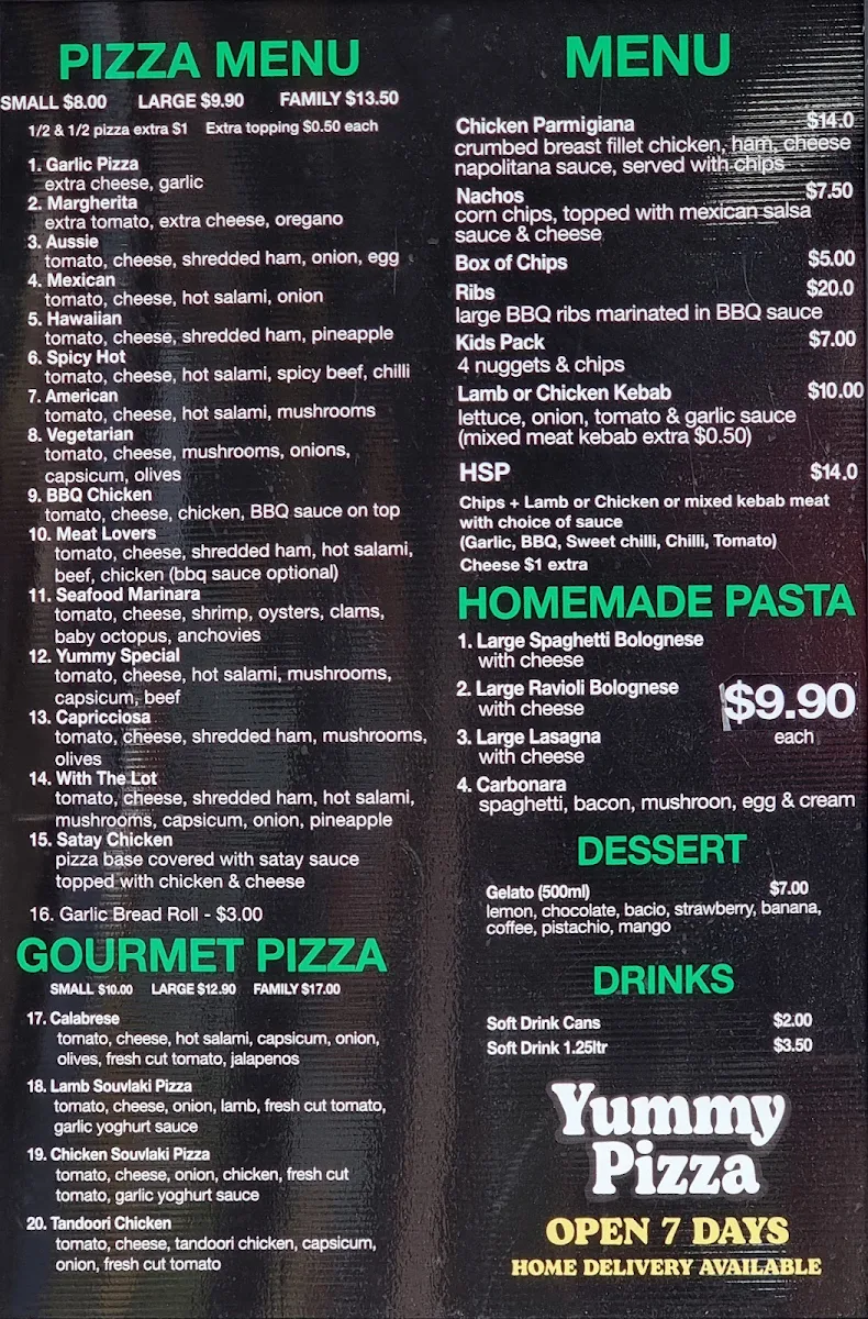 Menu, Yummy Pizza and Kebabs - Frankston
