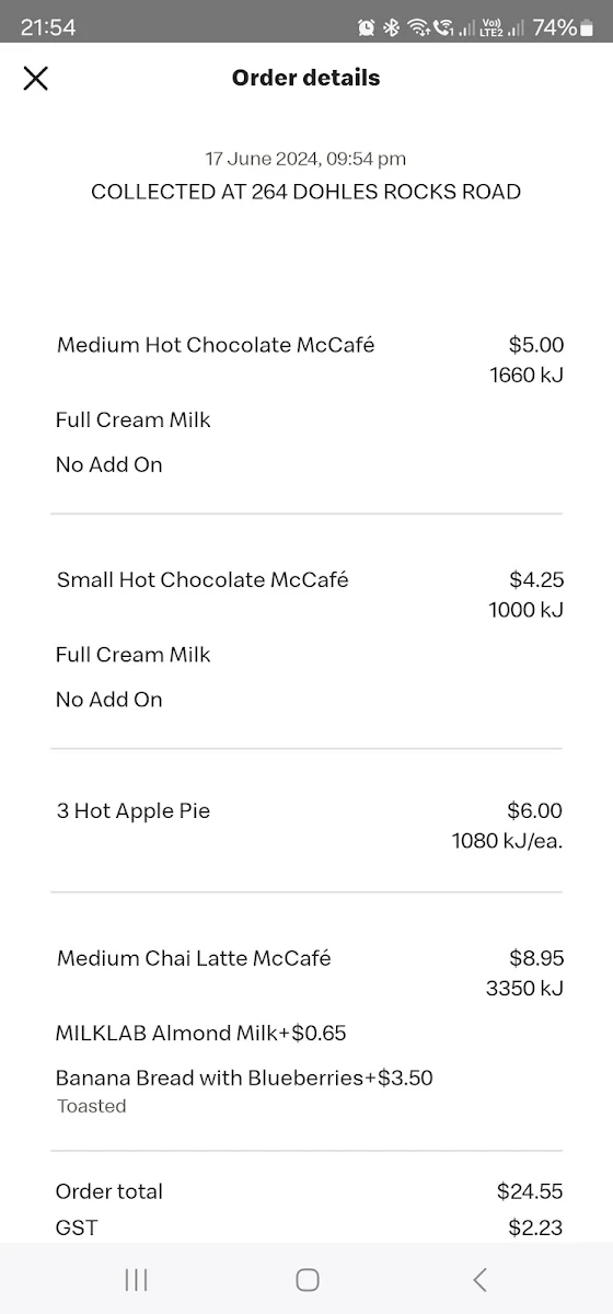 Menu, McDonald's Murrumba Downs