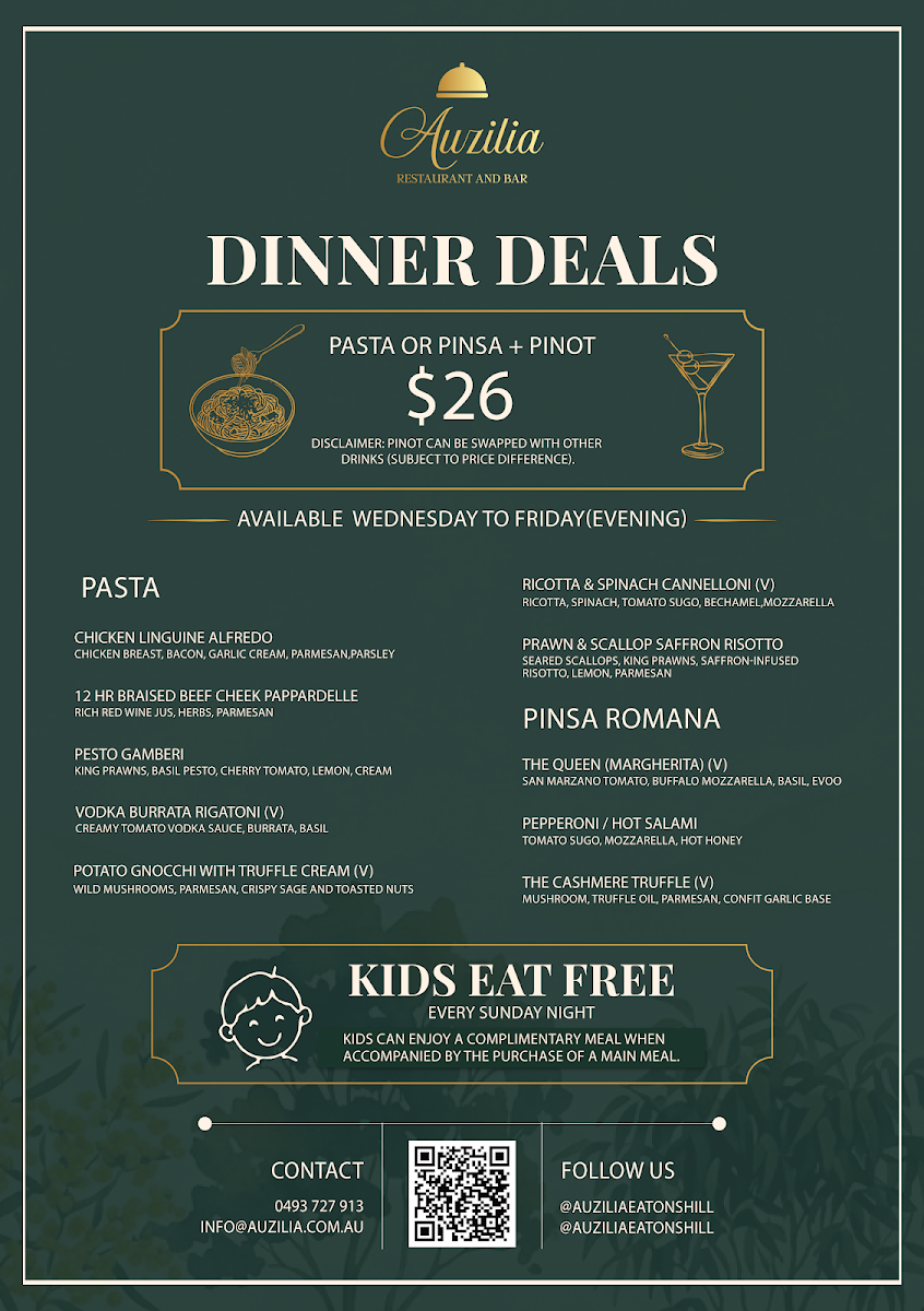 Menu, Auzilia Restaurant and Bar