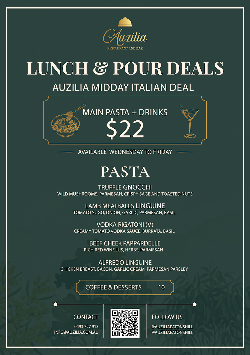 Menu, Auzilia Restaurant and Bar