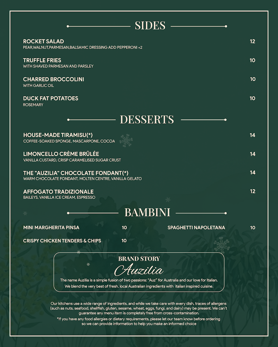 Menu, Auzilia Restaurant and Bar