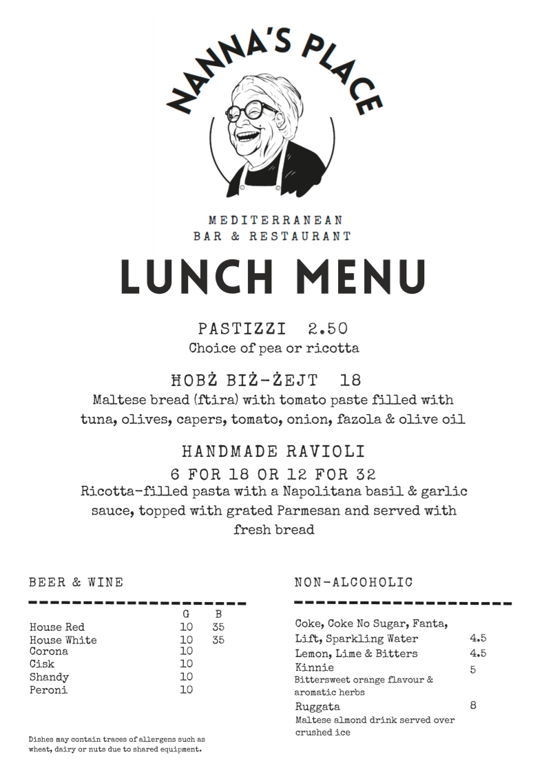 Menu, Nanna’s Place Mediterranean Restaurant