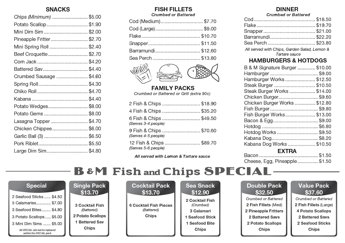 Menu, B&M FISH AND CHIPS