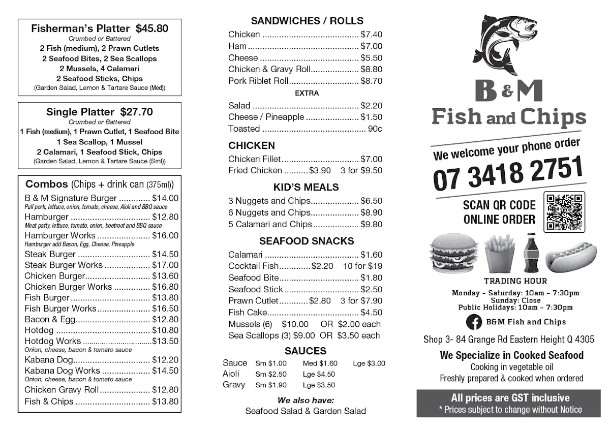 Menu, B&M FISH AND CHIPS