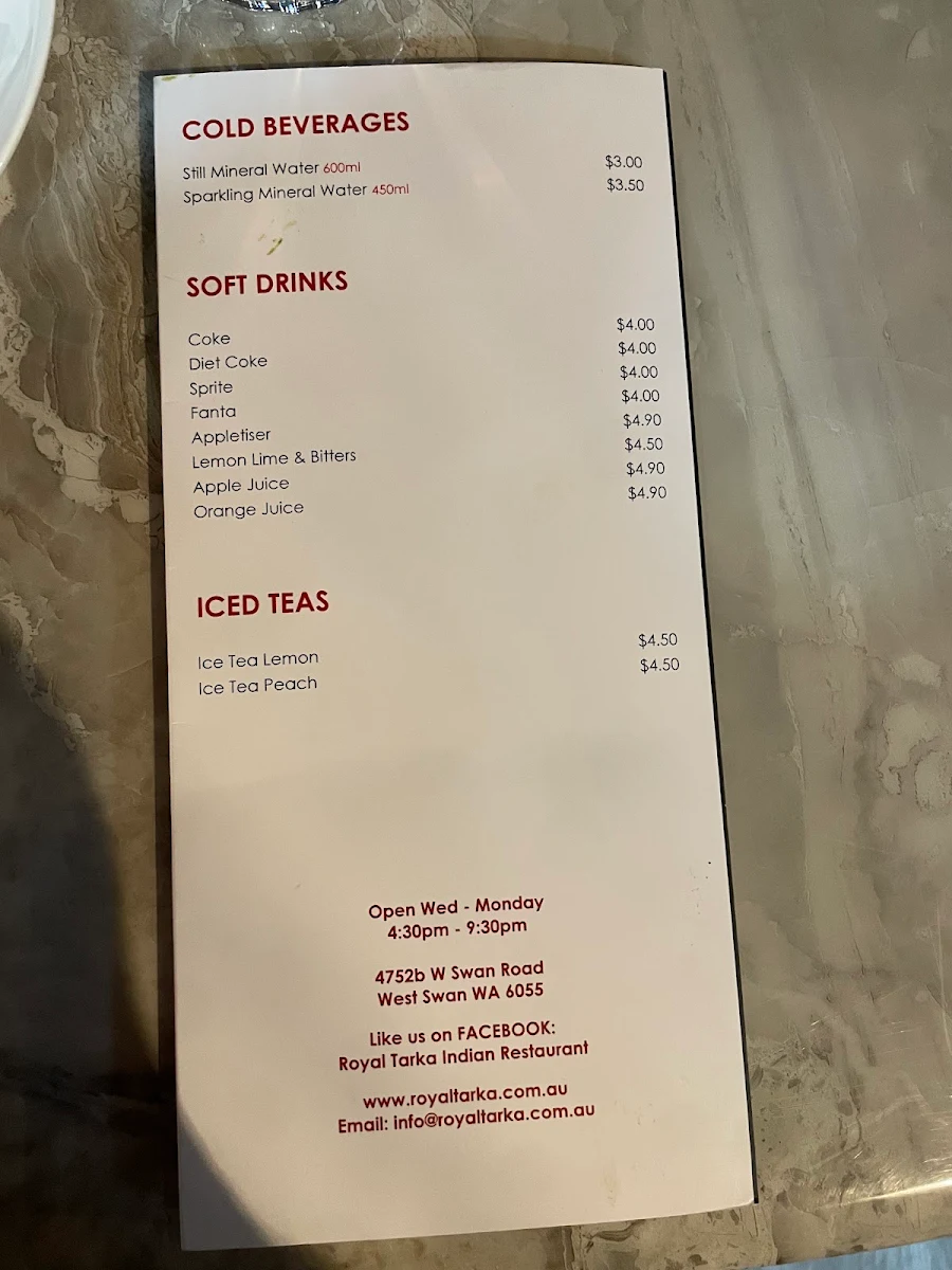 Menu, Royal Tarka Indian Restaurant