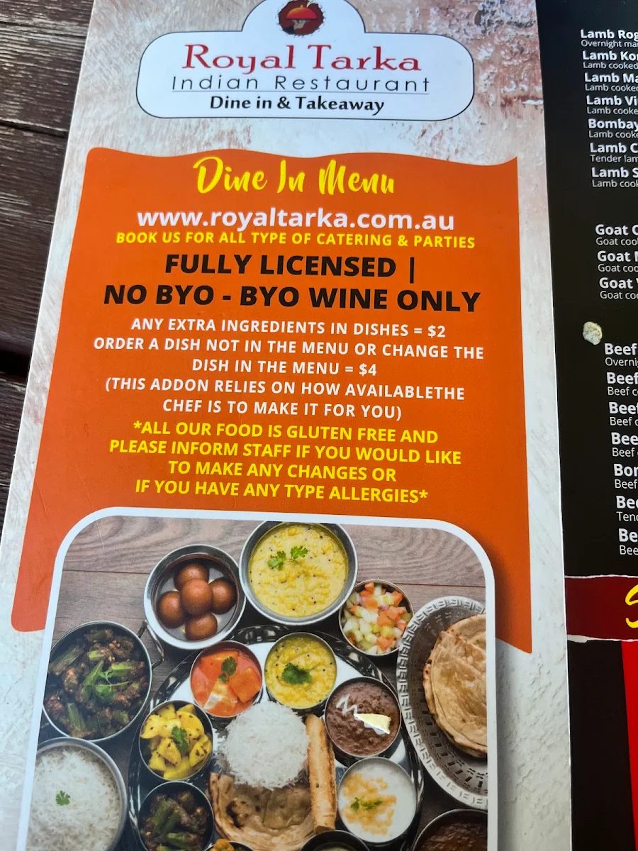Menu, Royal Tarka Indian Restaurant