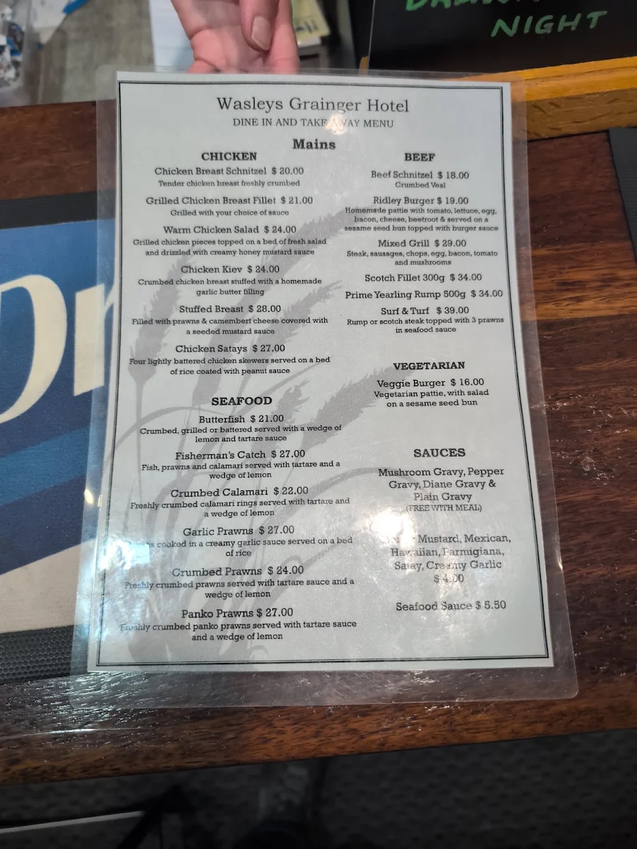 Menu, Wasleys Grainger Hotel