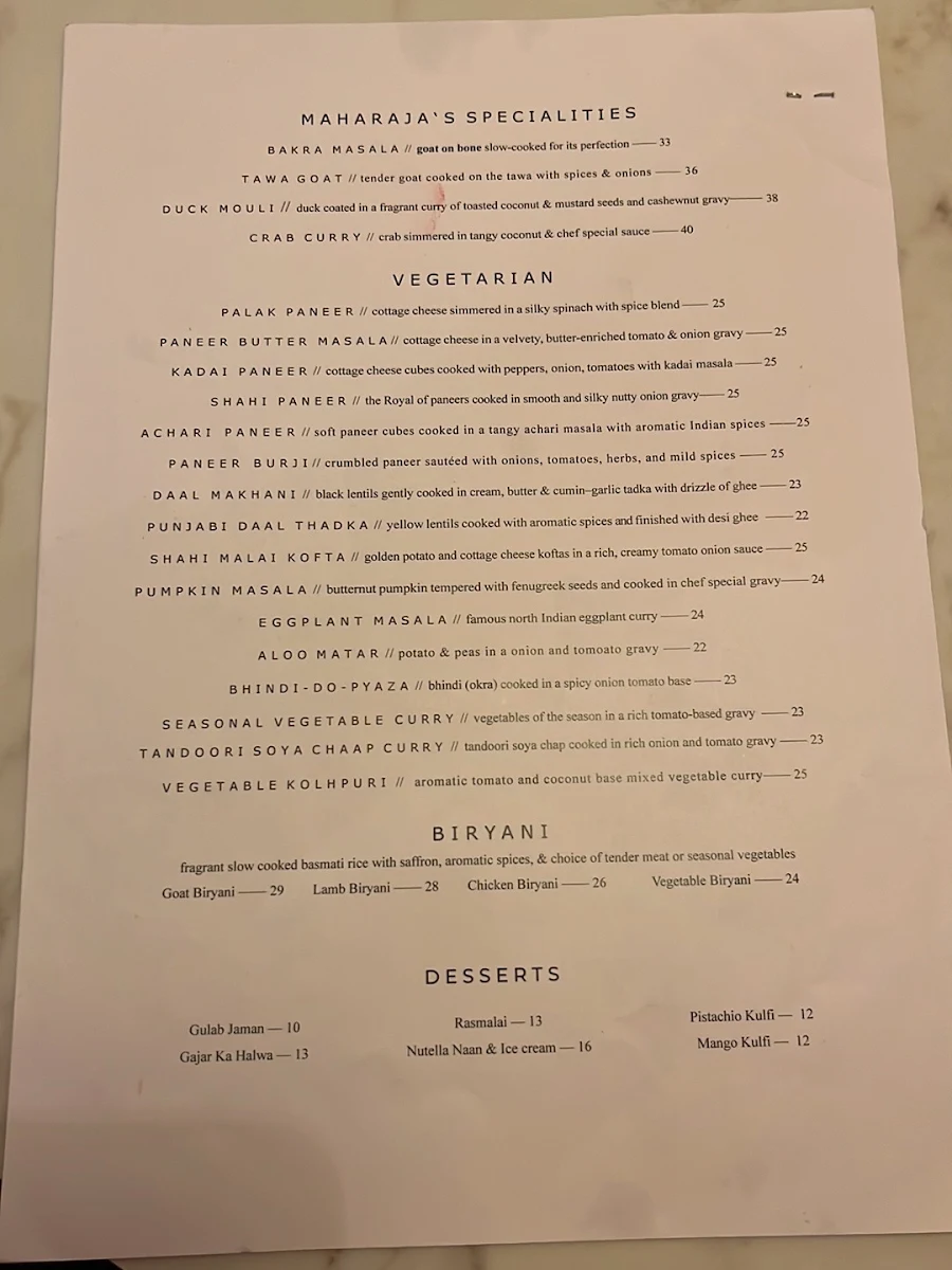 Menu, Maharaja's | Glenmore Park