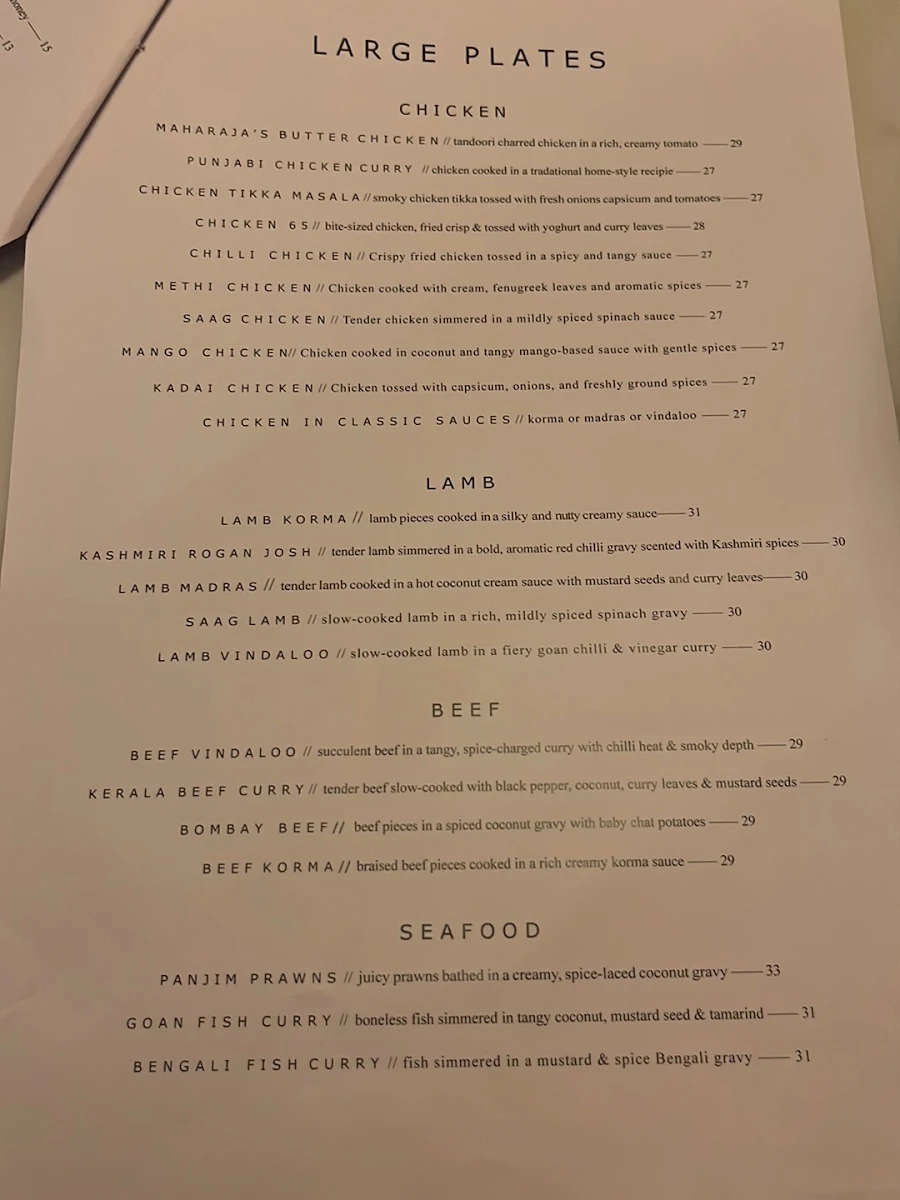 Menu, Maharaja's | Glenmore Park
