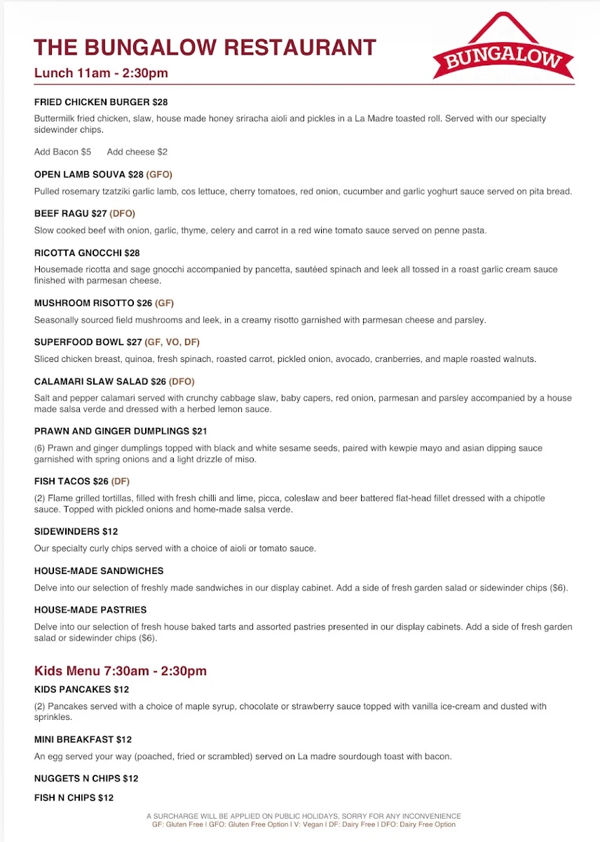 Menu, The Bungalow Restaurant
