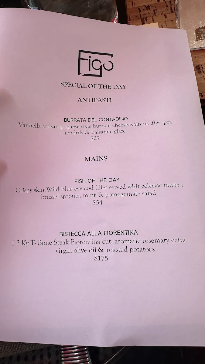Menu, Figo Restaurant Bar