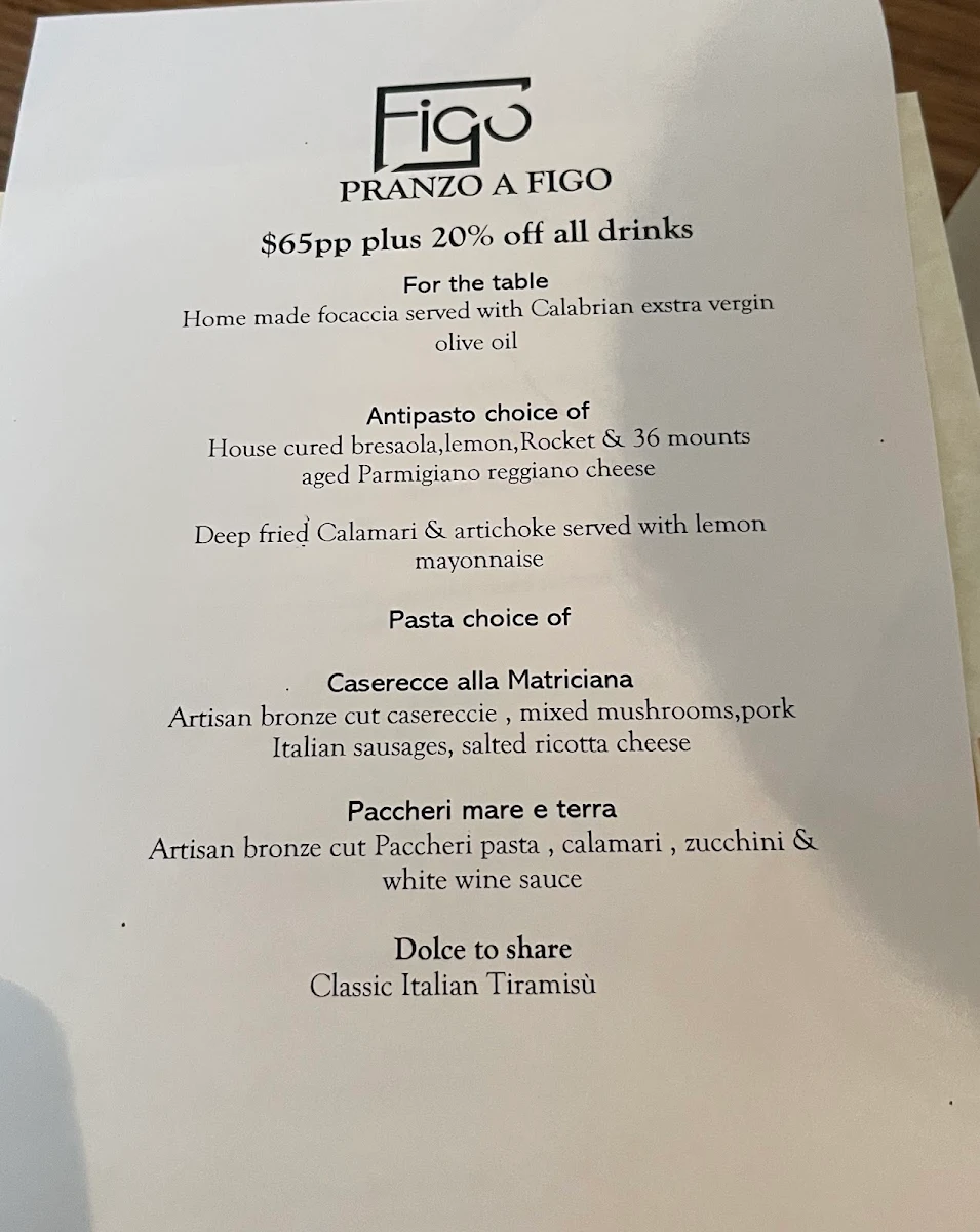 Menu, Figo Restaurant Bar