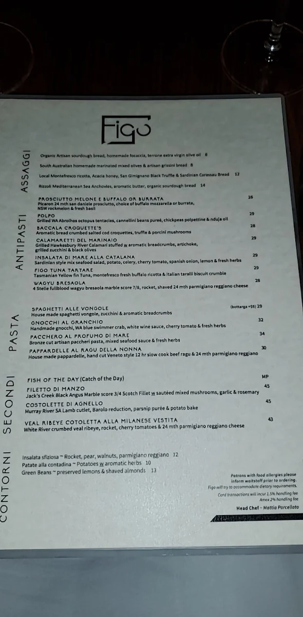 Menu, Figo Restaurant Bar