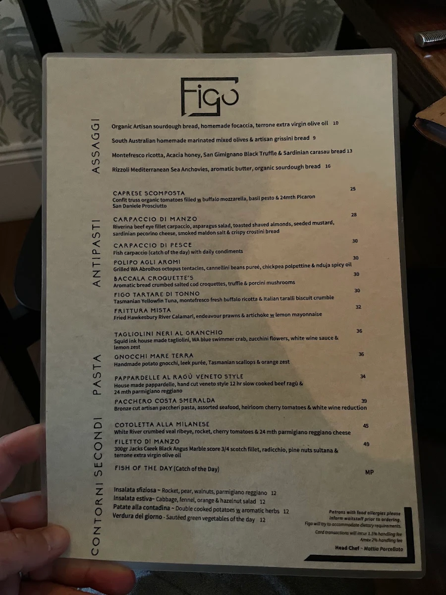 Menu, Figo Restaurant Bar
