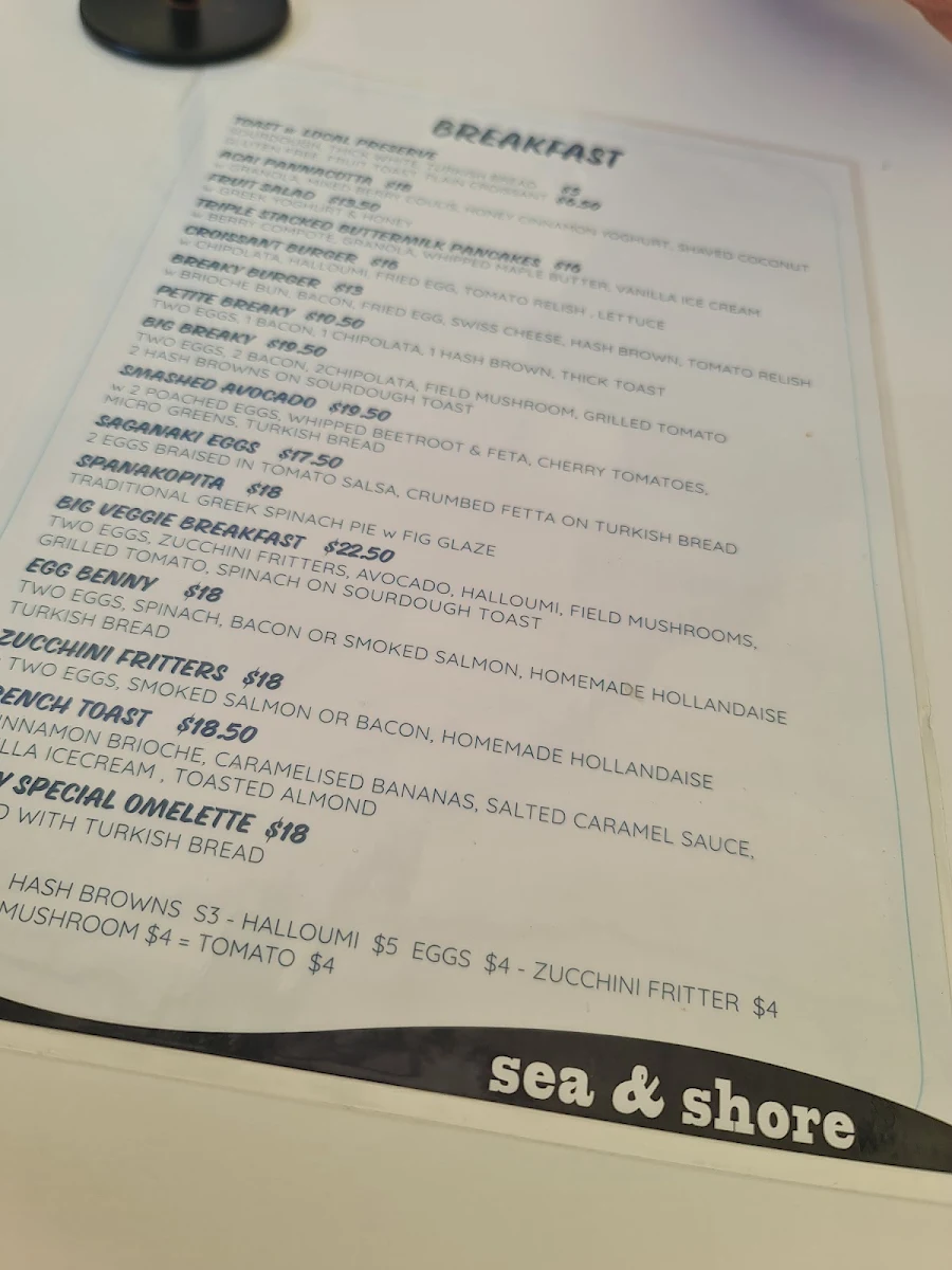 Menu, Sea and shore restaurant