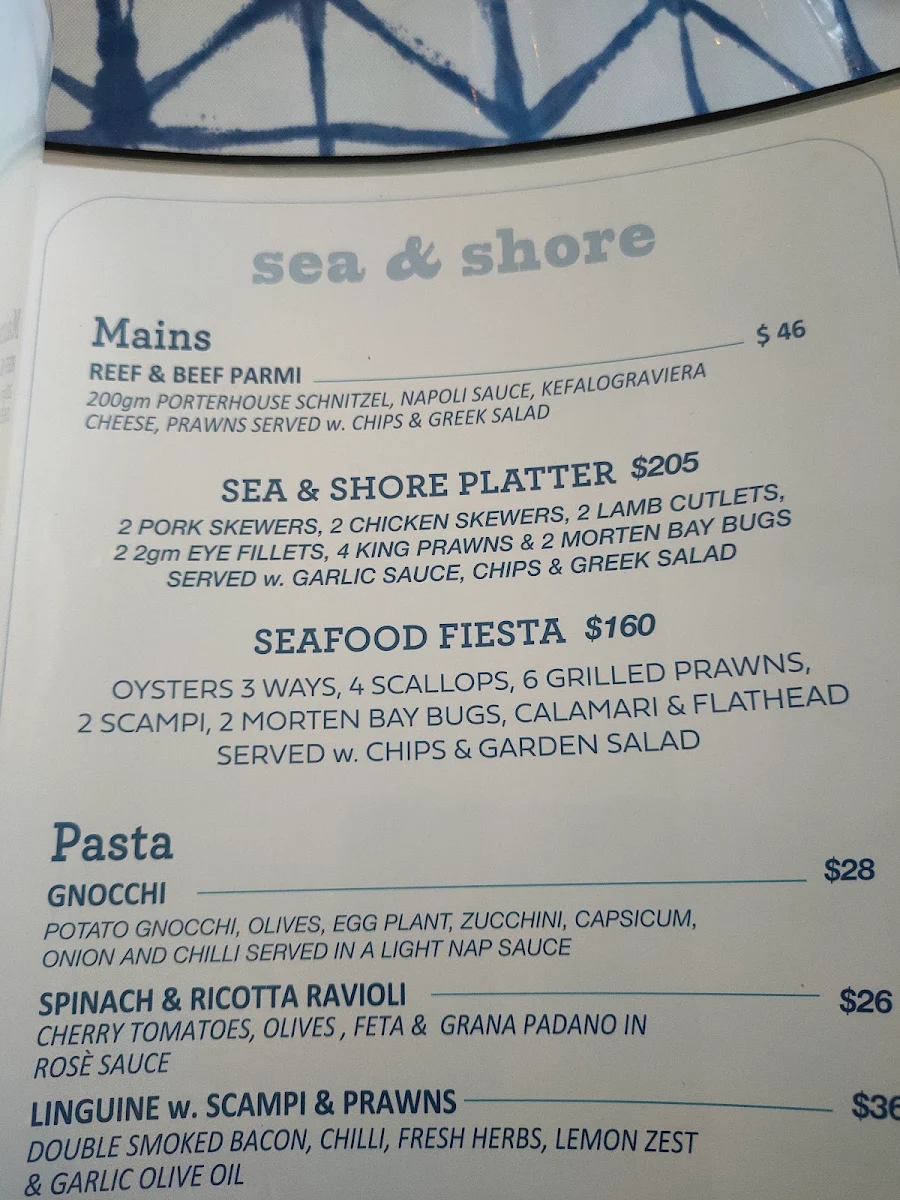 Menu, Sea and shore restaurant