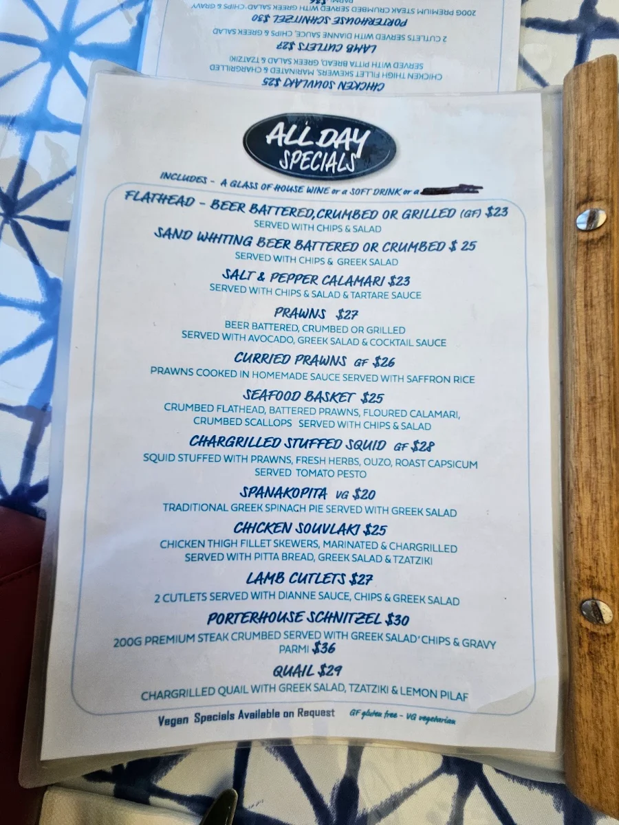 Menu, Sea and shore restaurant