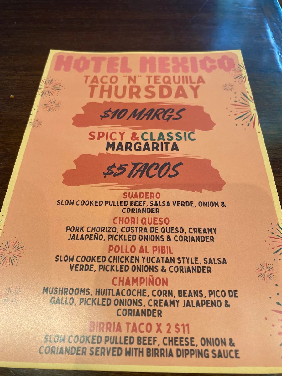 Menu, Hotel Mexico