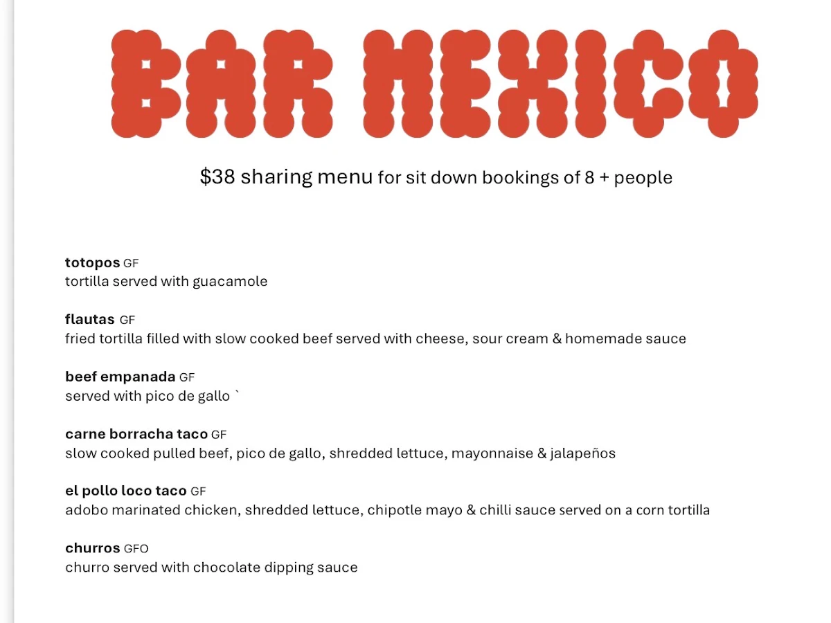 Menu, Hotel Mexico
